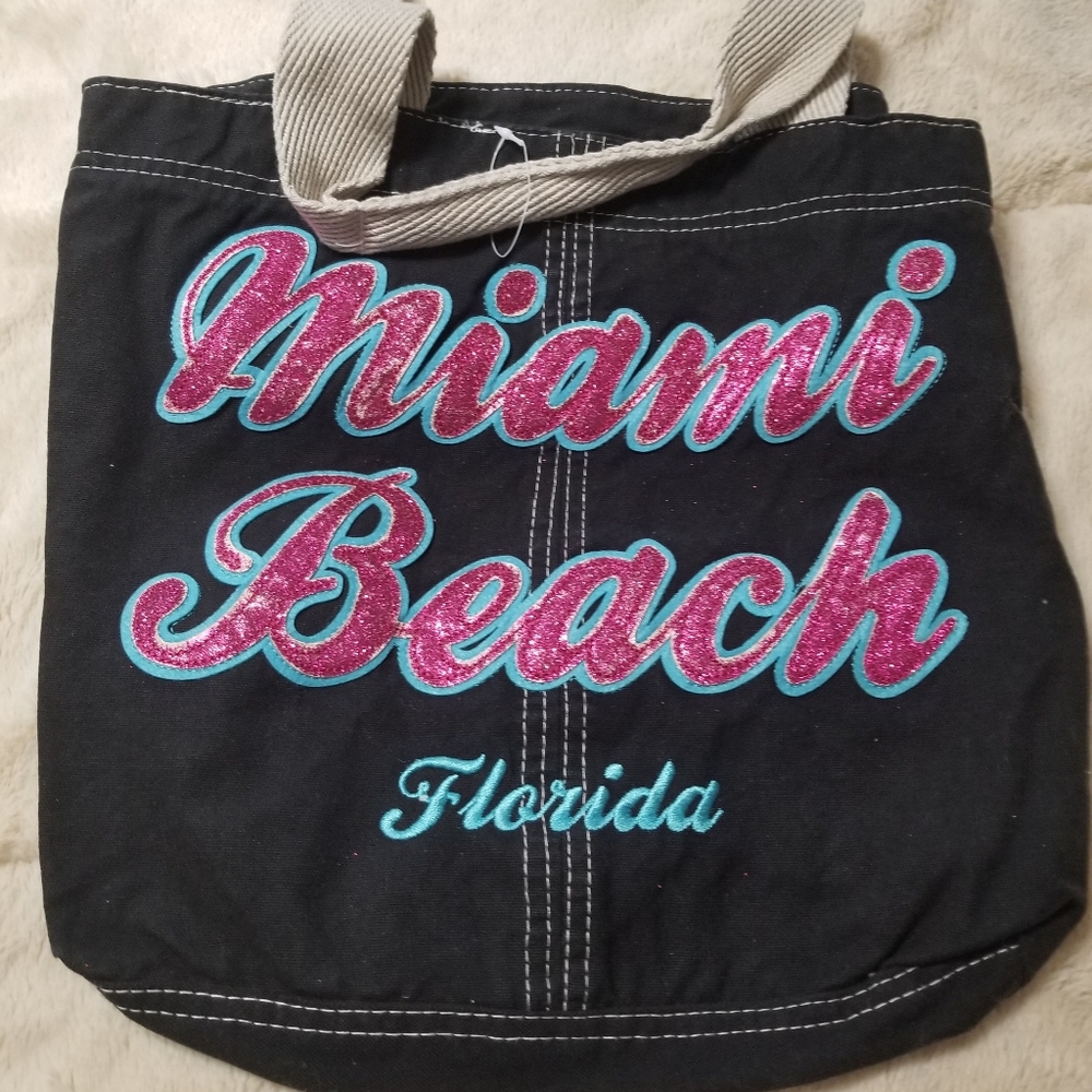 Sparkly MIAMI BEACH Florida Canvas Tote Bag, 13" x 14" x 3" FL Suvenior